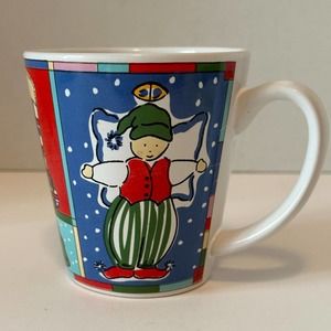 Christmas Patchwork Mug/Cup, w/Elf, Bird nest, Birdhouse, Tree, Stocking